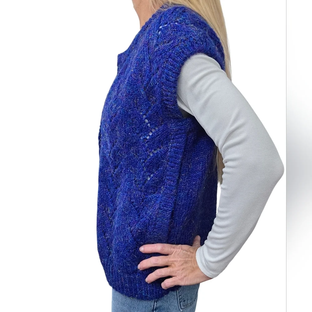Vintage 70s Metallic Knit Sweater Vest Cardigan Blue M